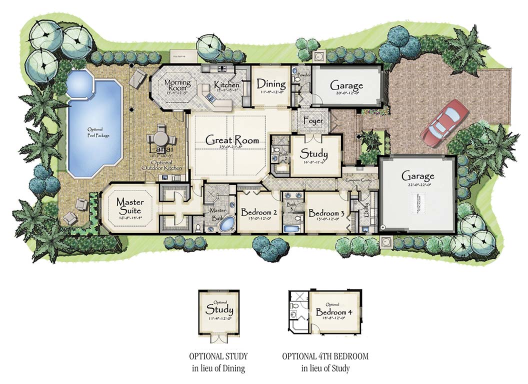 Jasmine II Floor Plan in Paseo, 3 bedroom, 3 1/2 bath, great room, dining room, study, screened covered lanai, 3-car garage